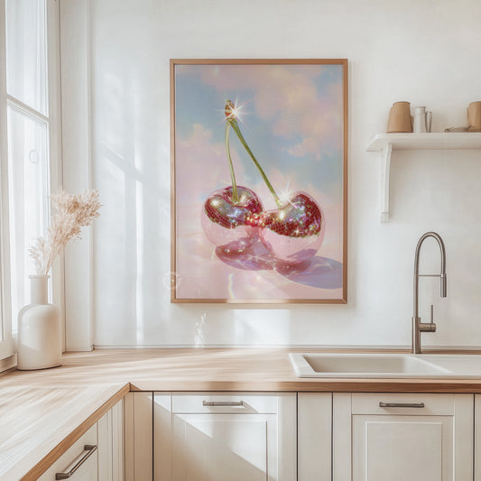 Cherry Disco Balls Surreal Art Print, Cherry Disco Print, Disco Balls, Disco Ball Cherries, Disco Cherry, Cherry Wall Art, Pink Wall Art