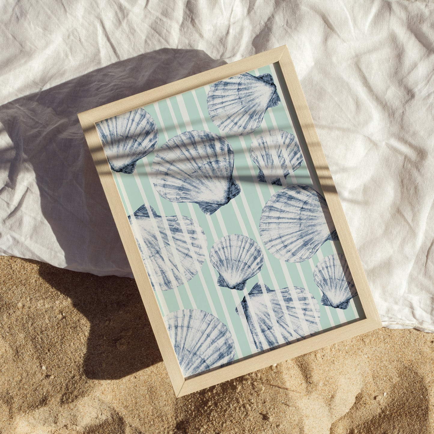Seashell Wall Art Coastal Beach Print – Blue Nautical Shell Artwork for Bathroom or Living Room – Ocean Inspired Home Decor Poster