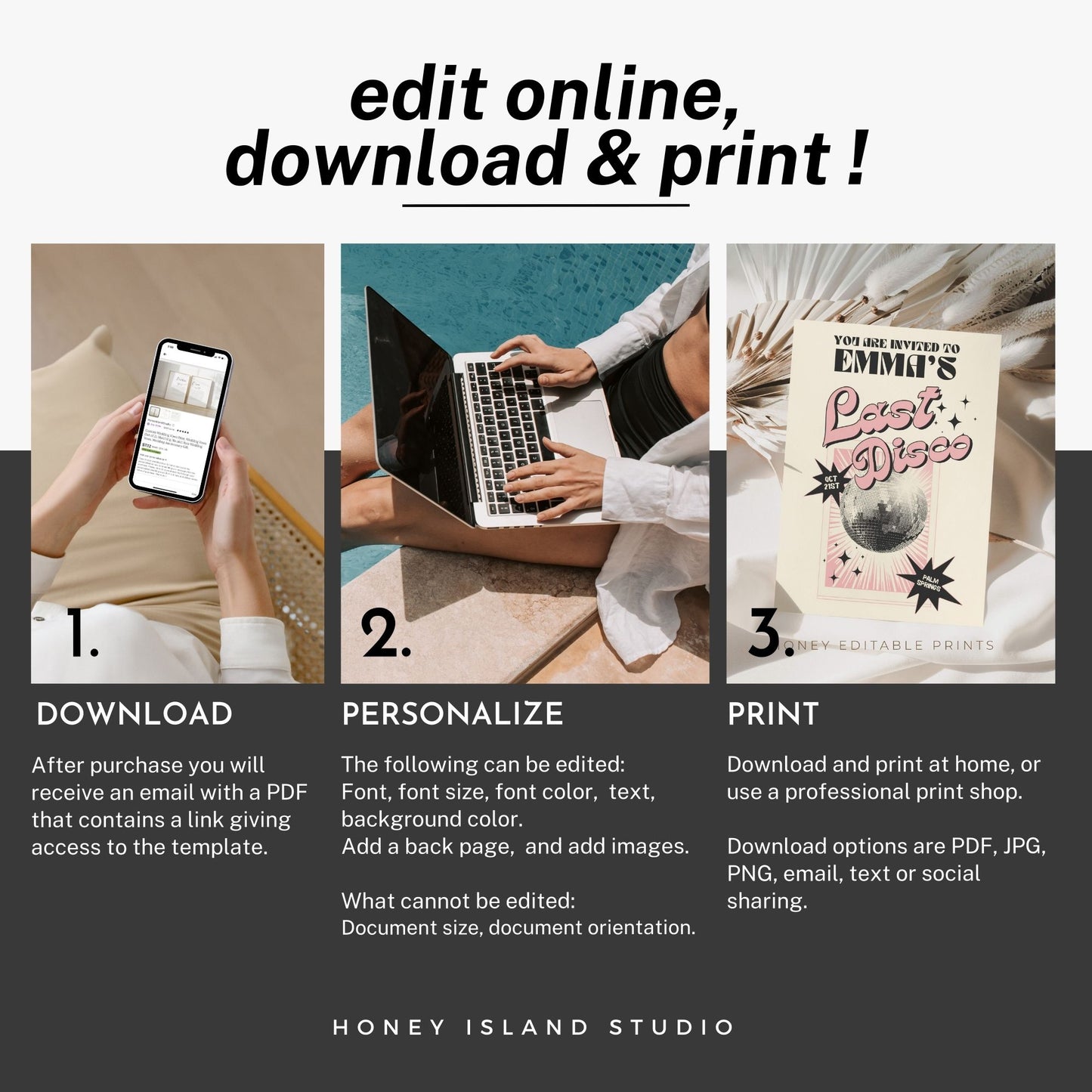 Infographic by Honey Island Studio with the text "Edit Online, Download & Print!" displayed at the top. It visually presents three easy steps: 1. Download, 2. Personalize, and 3. Print, guiding users through the process of customizing and printing their designs.