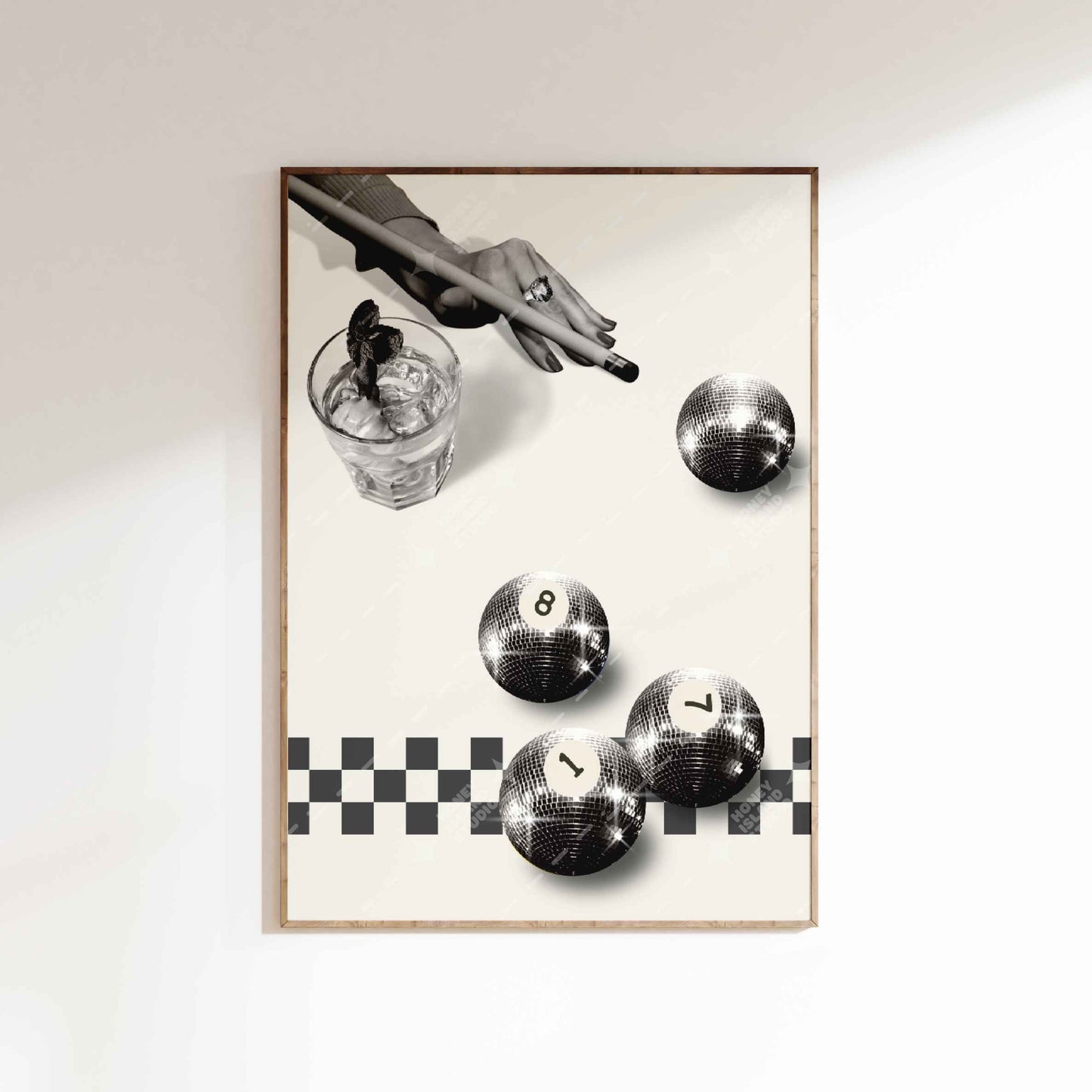 Retro Billiards Disco Ball Poster - Black/Off-white