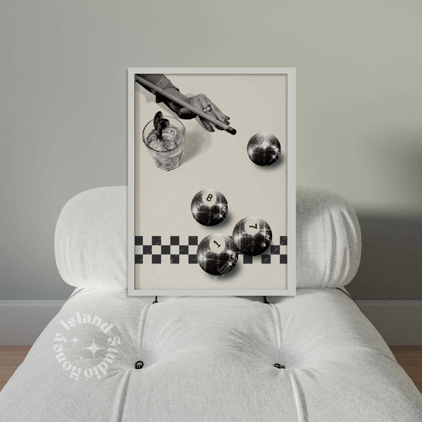 Retro Billiards Disco Ball Poster - Black/Off-white