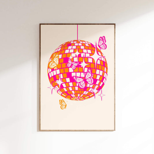 Disco Butterflies Poster Orange Pink