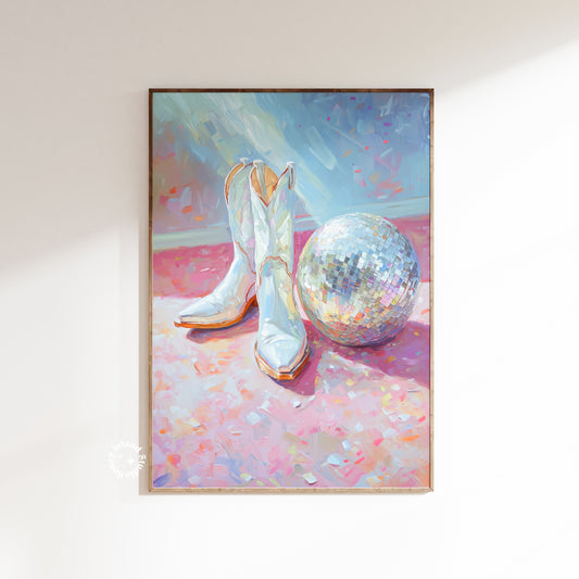 Disco Cowgirl Wall Art, Cowgirl Boot Painting Poster, Western print, Trendy Pastels,
