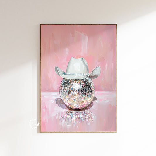 home decor, vintage style, disco ball, retro wall art, western print, cowgirl hat, boho chic, modern farmhouse, unique art, cowgirl decor, country western, painting poster, farm life, unframed art, rustic charm, country vibes, rodeo theme, cowgirl fashion, eclectic design