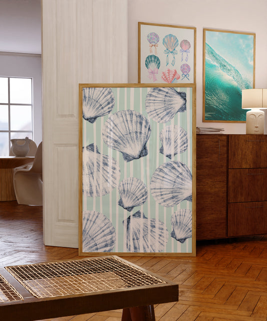 Seashell Wall Art Coastal Beach Print – Blue Nautical Shell Artwork for Bathroom or Living Room – Ocean Inspired Home Decor Poster