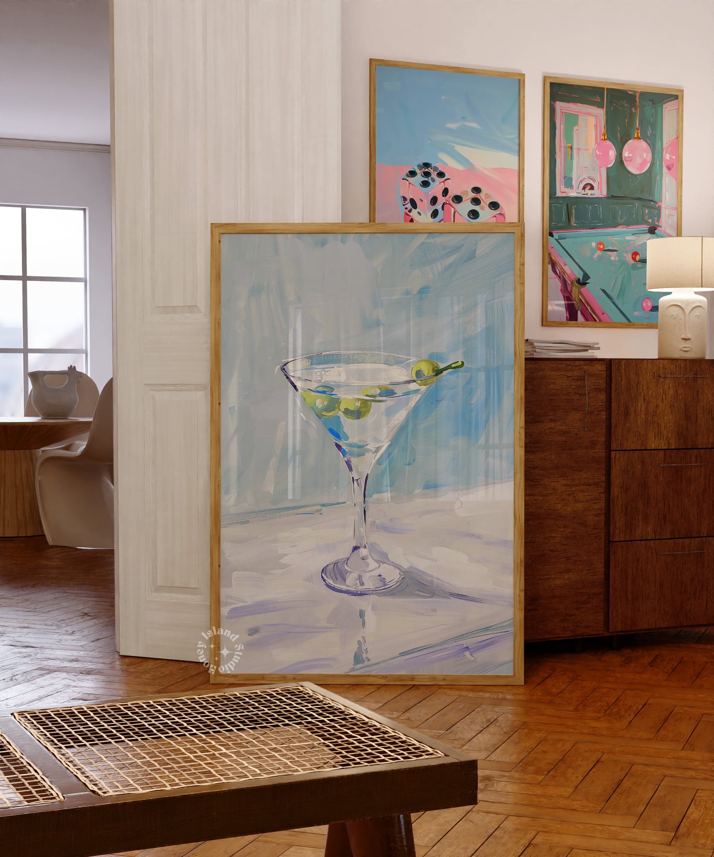 Martini Painting Bar Cart Print Blue