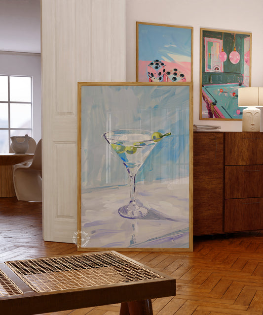 Martini Painting Bar Cart Print Blue