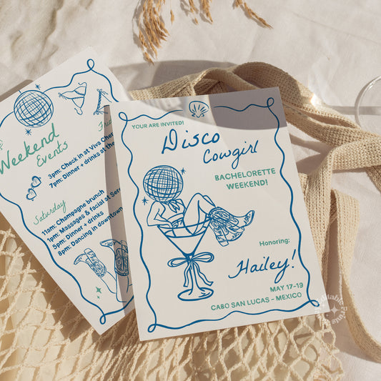 Disco Cowgirl Beach Western Bachelorette Editable Invite 