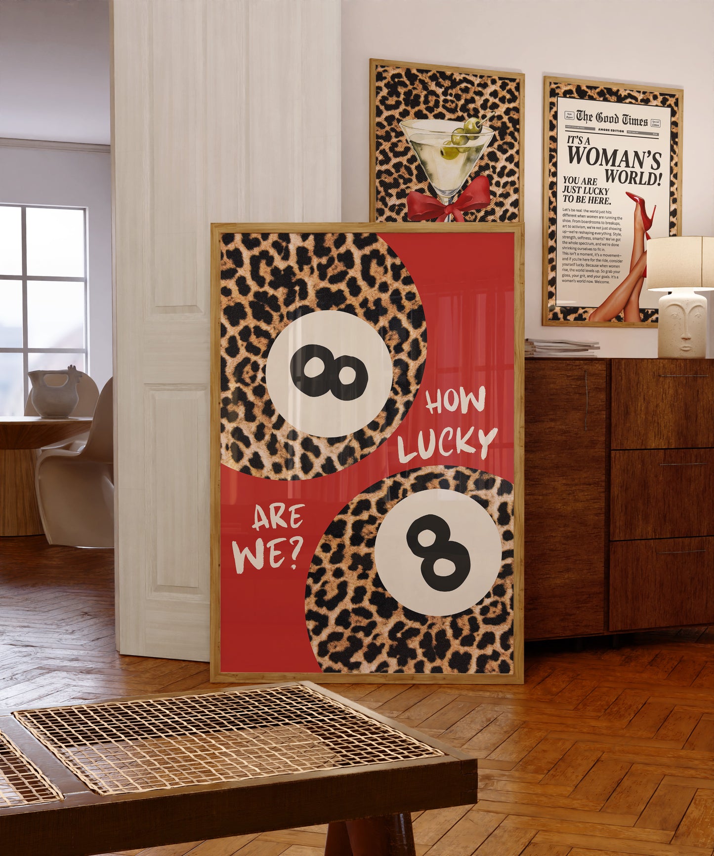 How Lucky are we Print, 8 Ball Leopard Red Aesthetic Poster