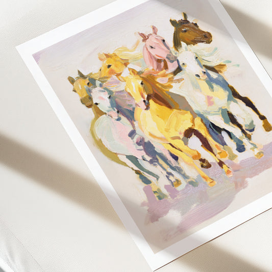 Colorful painting of horses on a white surface