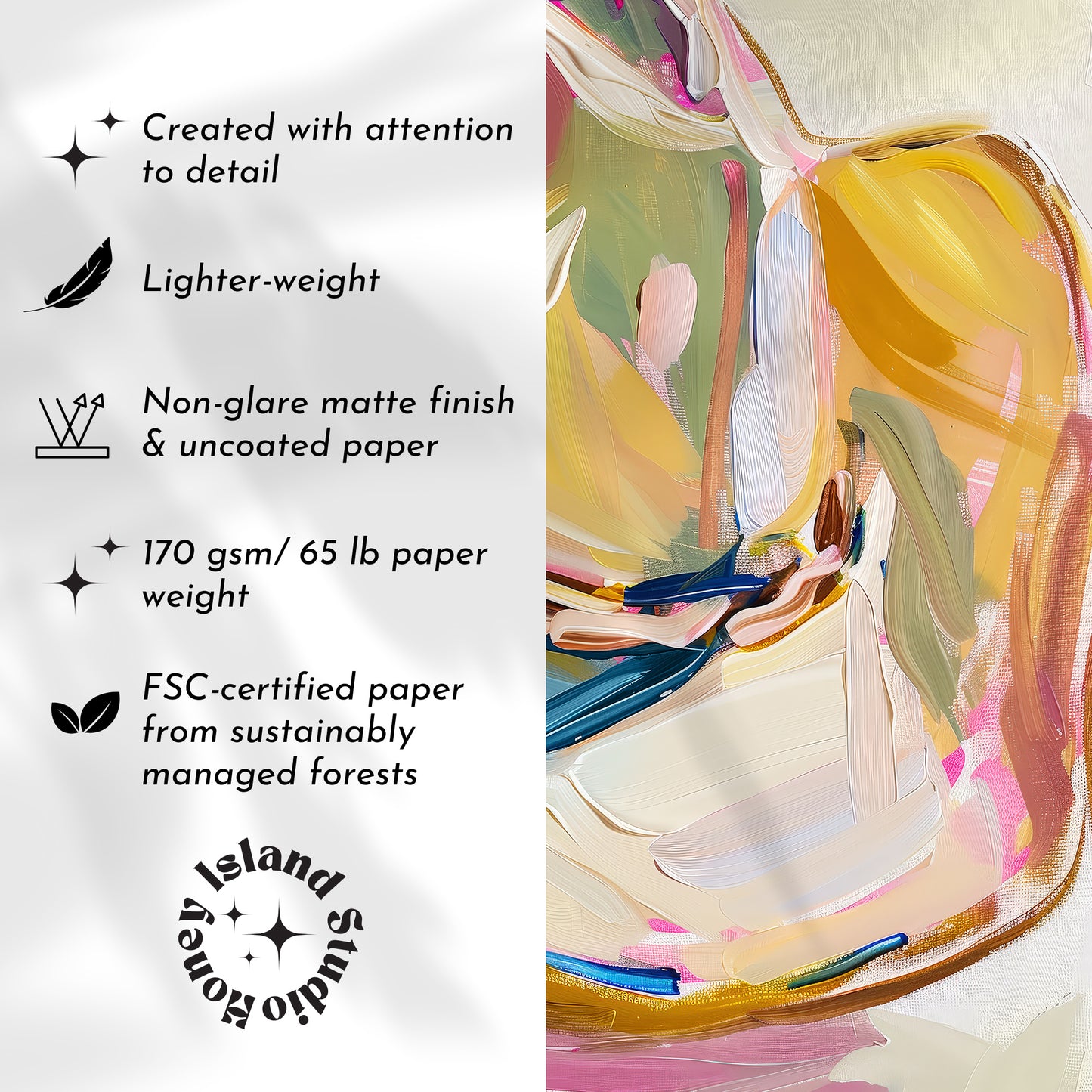 Colorful Cowgirl hat painting with text on paper quality and FSC certification.