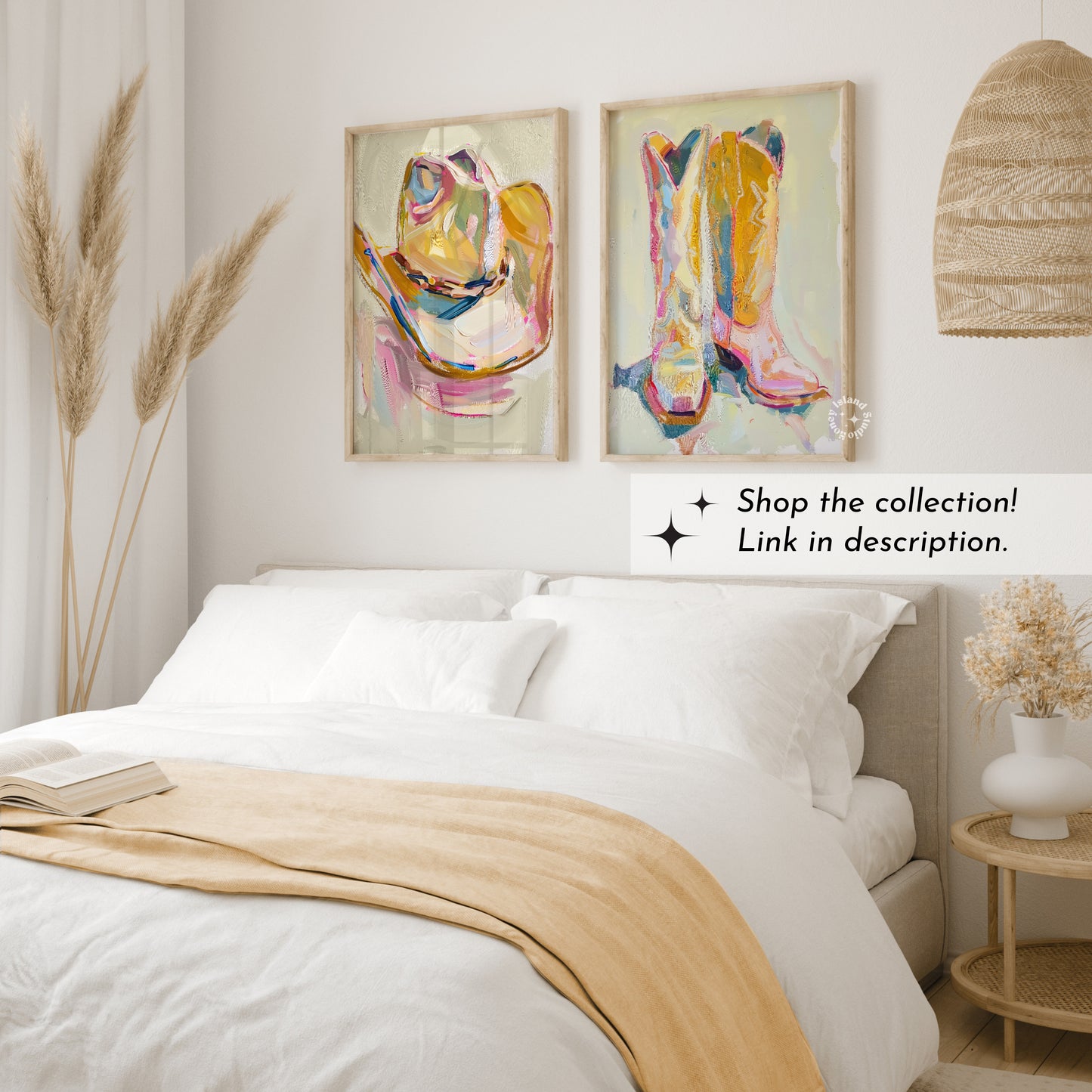 Bedroom with abstract art of cowboy boots and cowboy hat on the wall