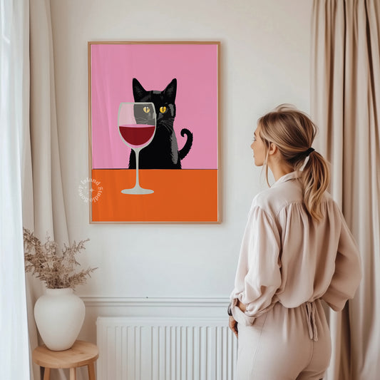 Wine Cat Wall Art, Wine Cat Art Print, Black Cat Wine Table, felne Wine Cat wall art