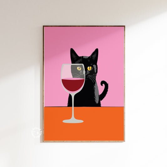 Wine Cat Wall Art, Wine Cat Art Print, Black Cat Wine Table, felne Wine Cat wall art