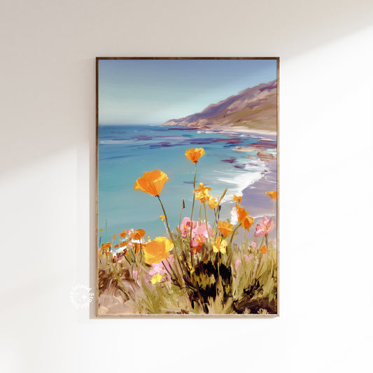 Framed artwork of flowers with a coastal landscape in the background