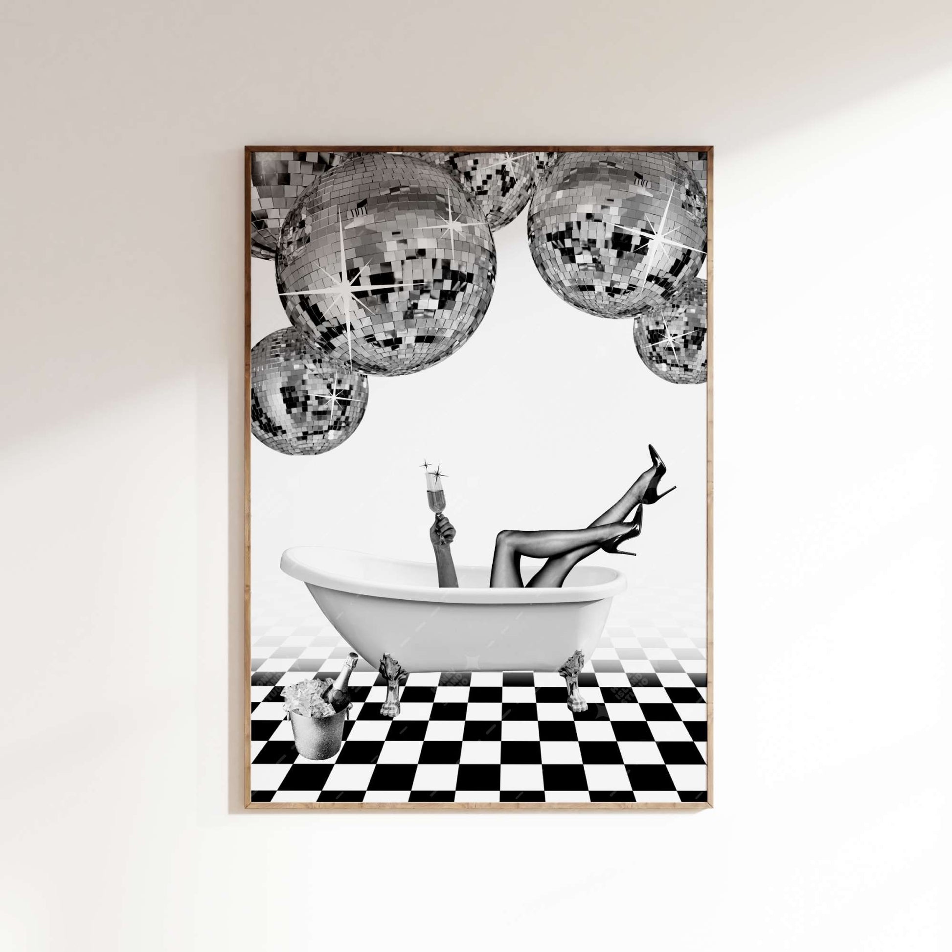 Disco Bathroom Champagne Print on white wall