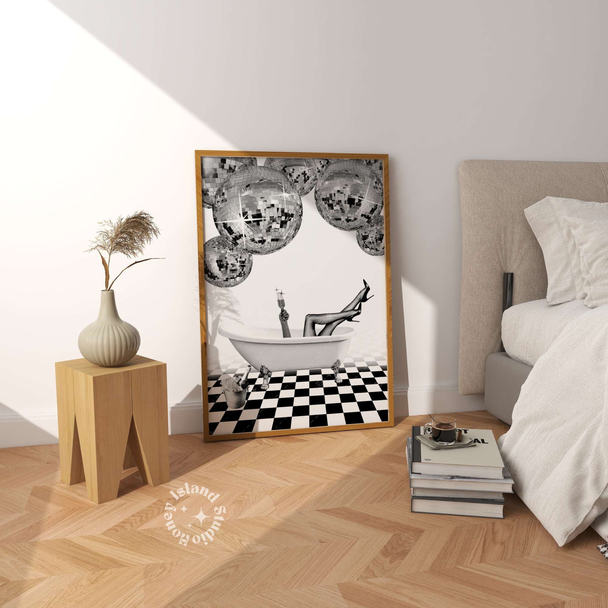 bedroom wall art with disco balls and champagne