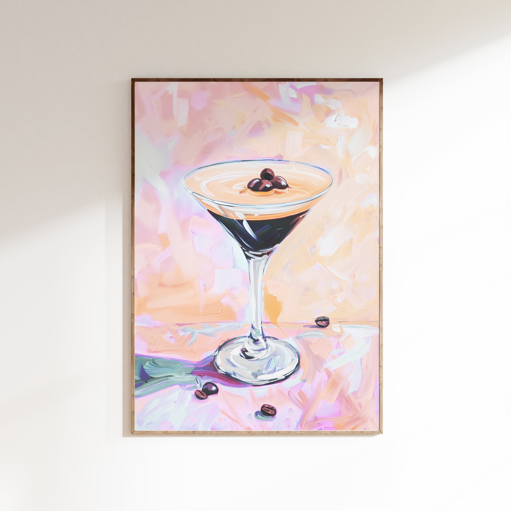 Framed artwork of a cocktail with berries on a colorful abstract background