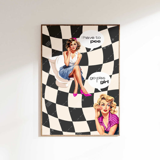 This image features a playful and trendy bathroom poster titled "Go Piss Girl," designed by Honey Island Studio. The poster showcases a cheeky illustration of a woman sitting on a toilet, with a second image of a vintage pin-up girl in a vibrant pink dress.