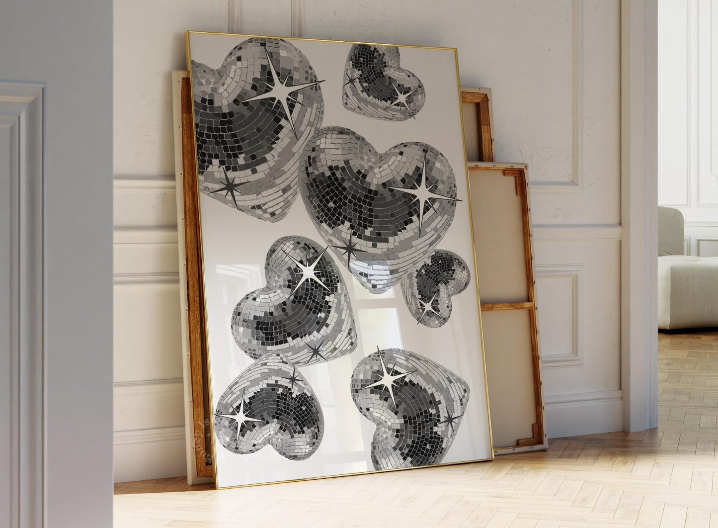 Trendy Disco Hearts Poster Black White