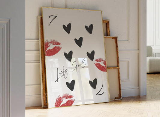 Lucky girl 7 print, Queen of hearts poster