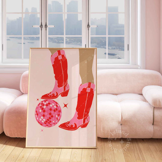 Disco Cowgirl Boots Poster - Pink/Red
