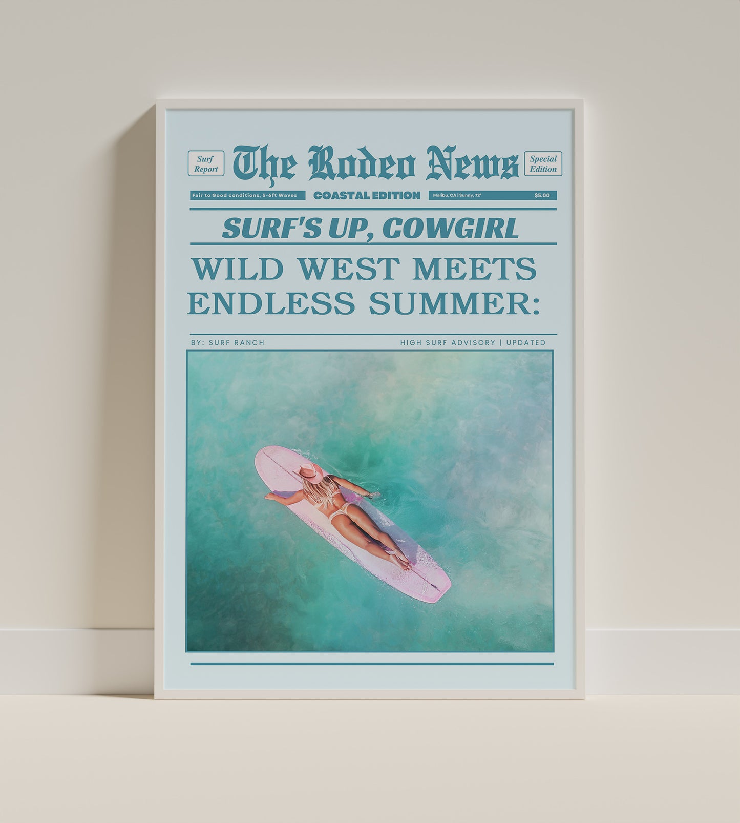 Coastal Cowgirl Wall Art – Retro Newspaper Print in Blue Tones