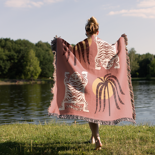 White Tiger Sunset Woven Blanket