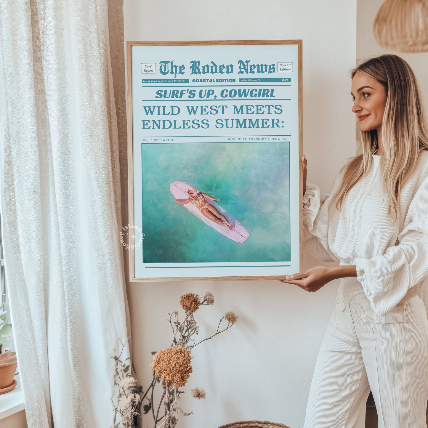 surfs up Coastal Cowgirl Art – Blue Retro Newspaper Wall Decor for Modern Cowgirl Spaces