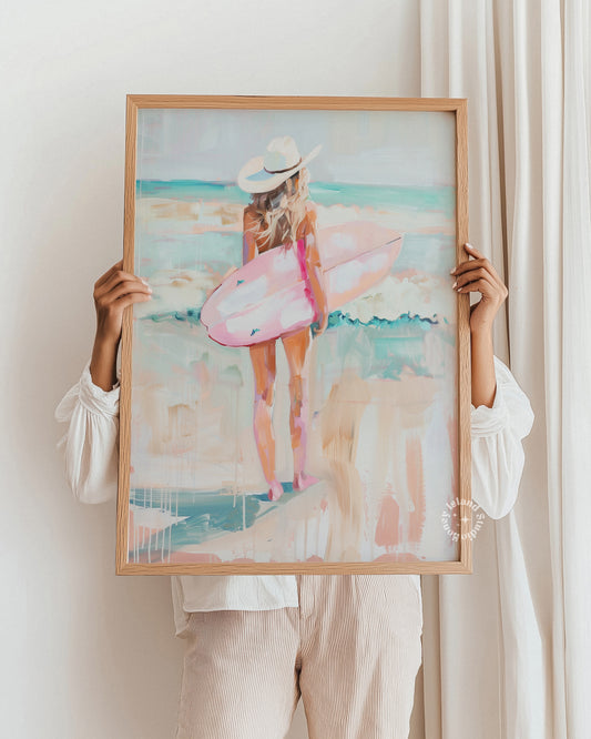 surfer cowgirl poster, coastal cowgirl wall art, western surf painting, boho beach decor, cowgirl aesthetic print, western beach art, rodeo surfer artwork, vintage cowgirl poster, coastal cowgirl aesthetic, western boho home decor, beach cowgirl painting, western waves artwork, retro surf print