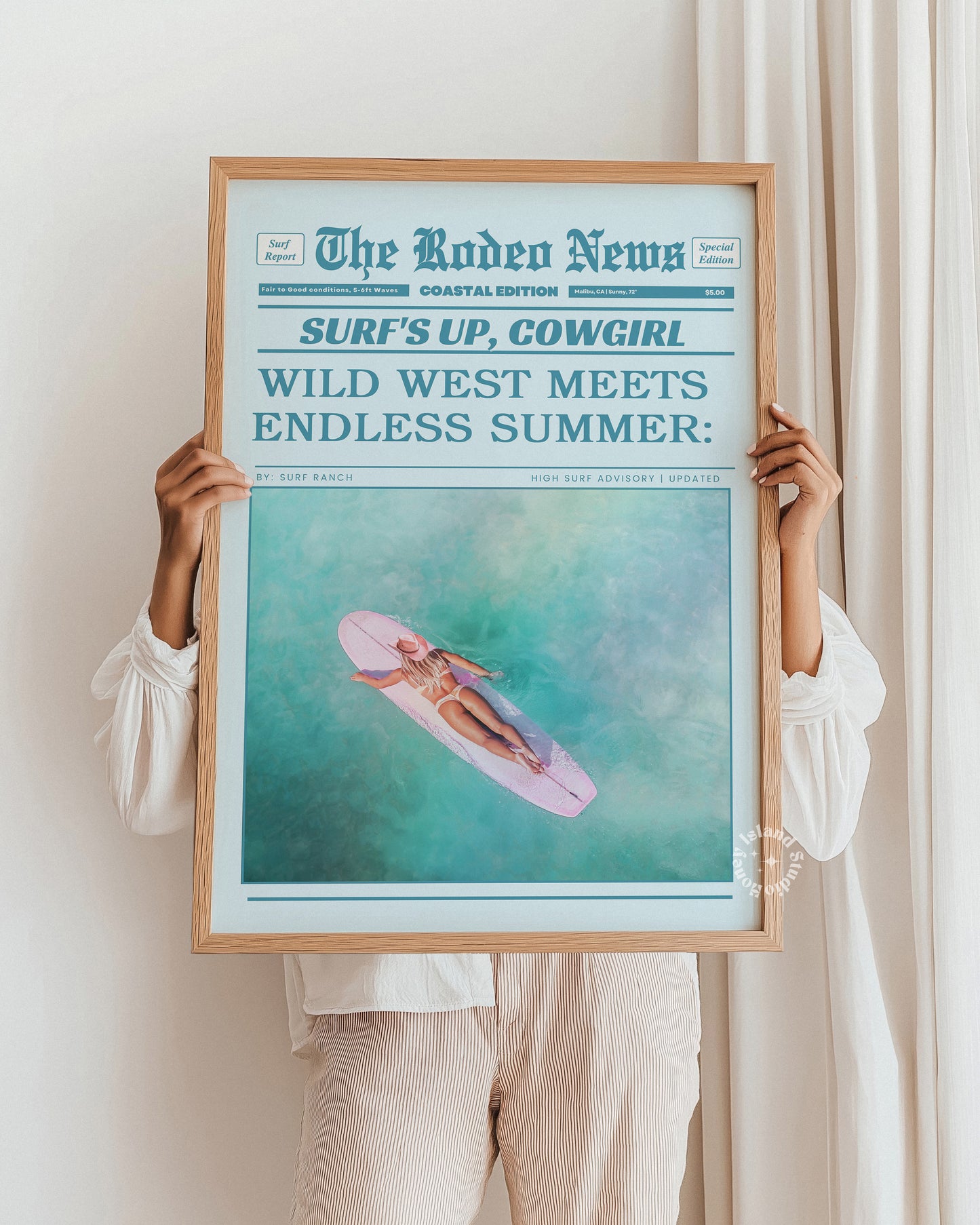 surfs up cowgirl Coastal Cowgirl Wall Art – Retro Newspaper Print in Blue Tones