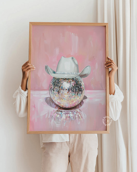 home decor, vintage style, disco ball, retro wall art, western print, cowgirl hat, boho chic, modern farmhouse, unique art, cowgirl decor, country western, painting poster, farm life, unframed art, rustic charm, country vibes, rodeo theme, cowgirl fashion, eclectic design