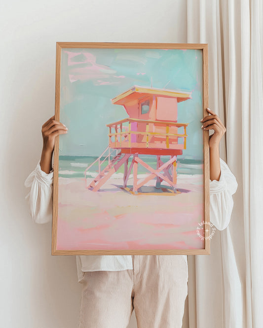 Coastal Lifeguard Tower Painting, Beach Wall Art, Coastal Decor, Pastels Artwork, Pink Coastal Decor, beach wall decor,pink beach decor,coastal wall art,lifeguard tower art,beach house painting,pastel coastal decor,coastal home art,nautical artwork,pink coastal art,beach scene painting,pastel wall art,coastal lifeguard, pastel coastal art/