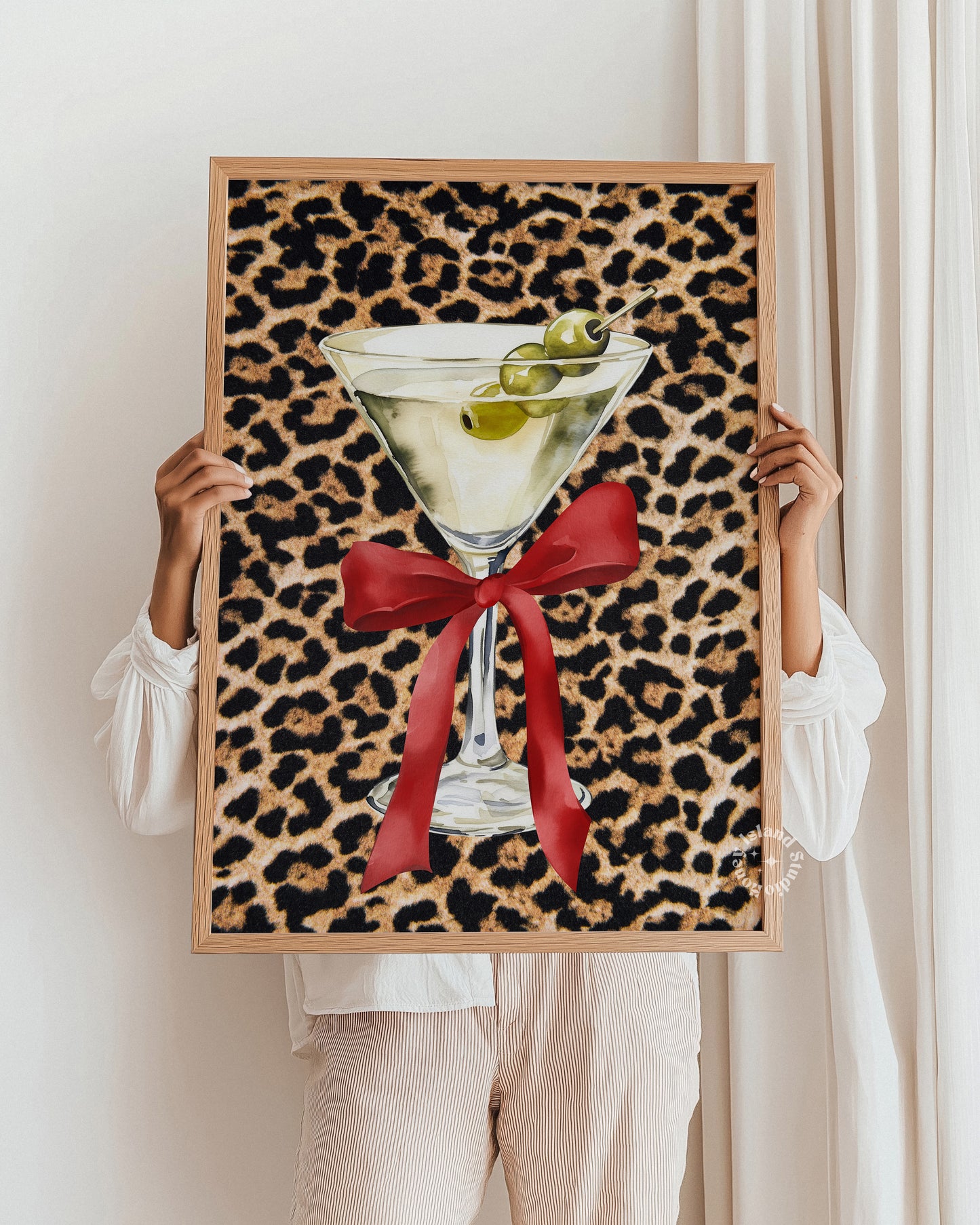 Martini Cocktail Glass with Bow Leopard Red Aesthetic Print