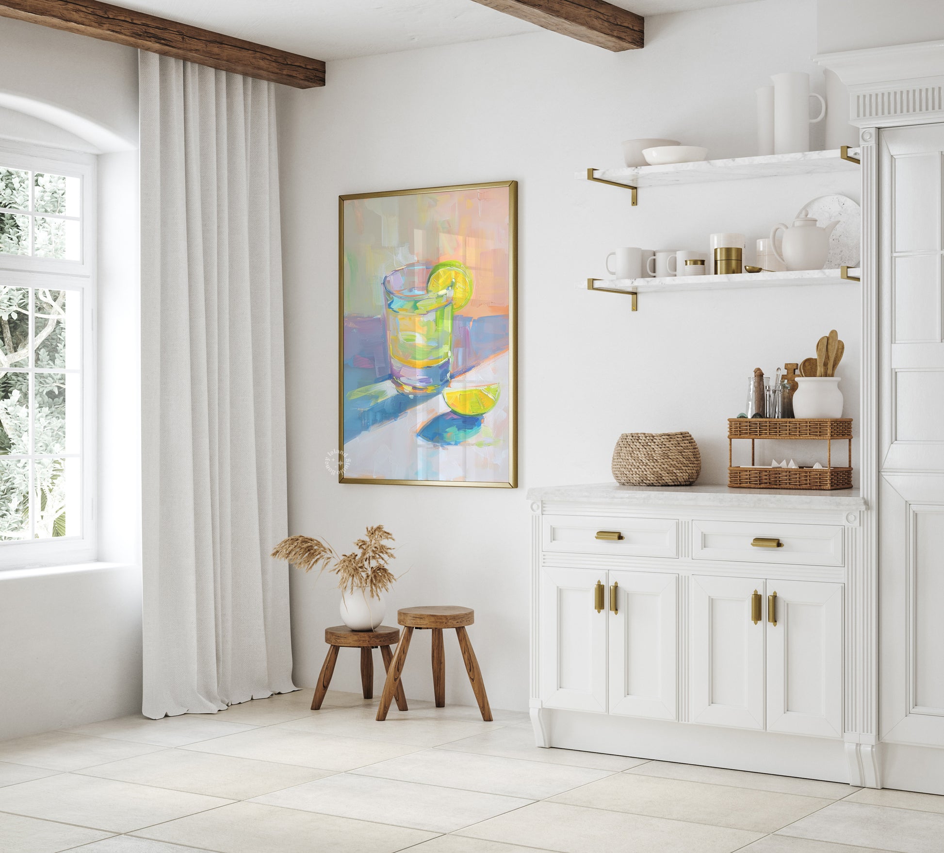 Modern kitchen interior with white cabinets, a colorful tequila glass painting, and decorative items.