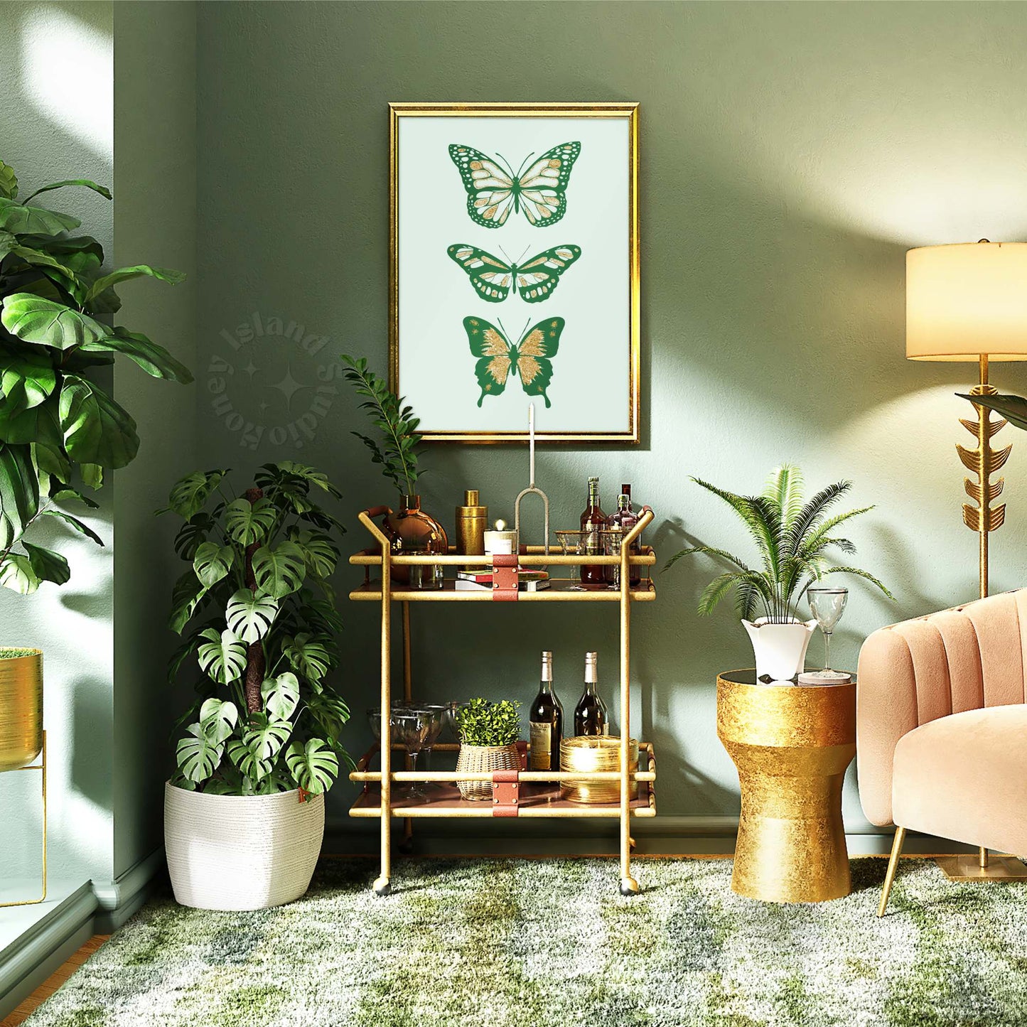 Butterflies Green Preppy Wall Art Poster