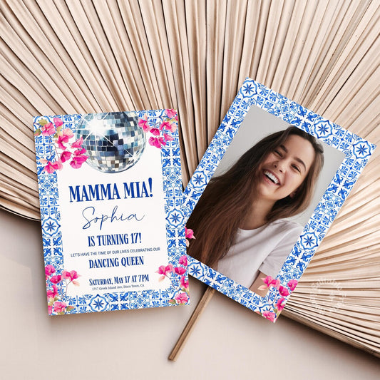 Mamma Mia Inspired Invitation card with disco ball and floral design, featuring a photo.