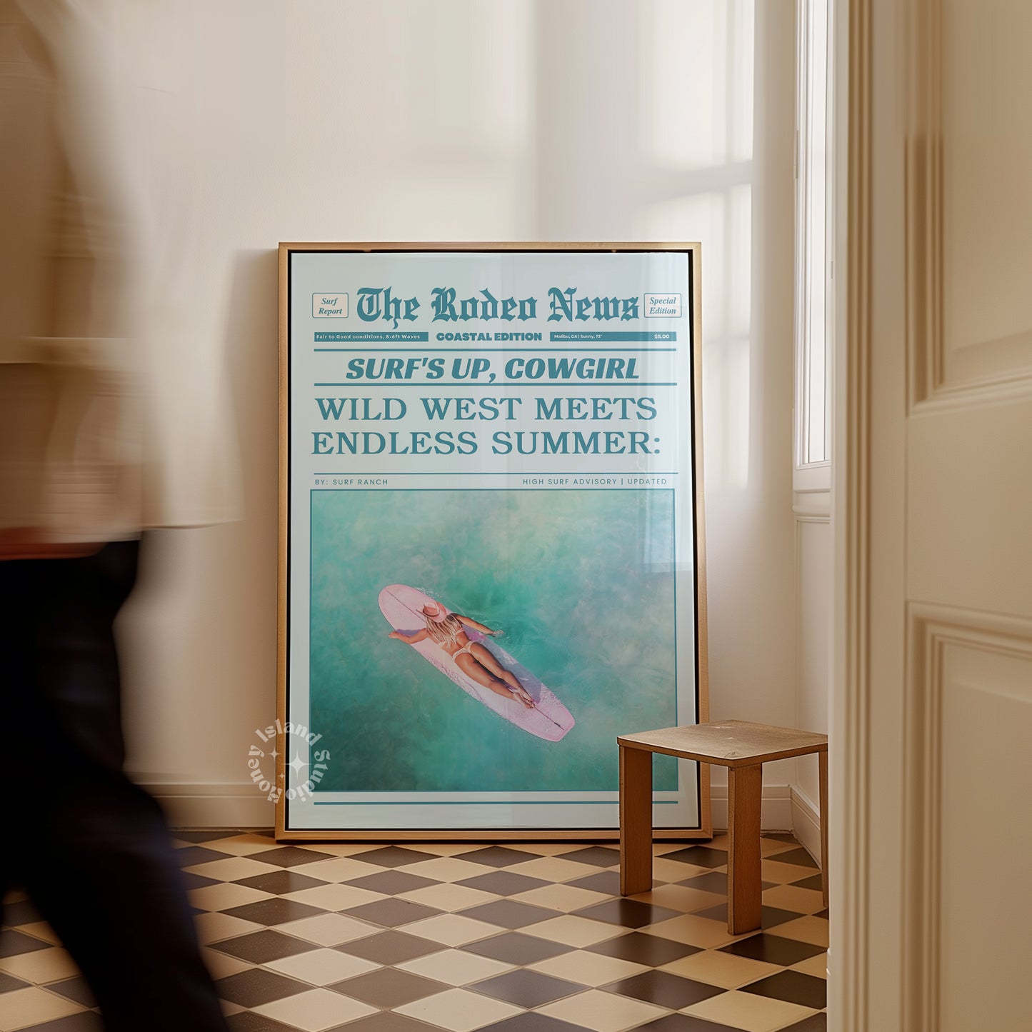 Funky Retro Wall Art – Coastal Cowgirl Newspaper Design in Coastal Pink Blues