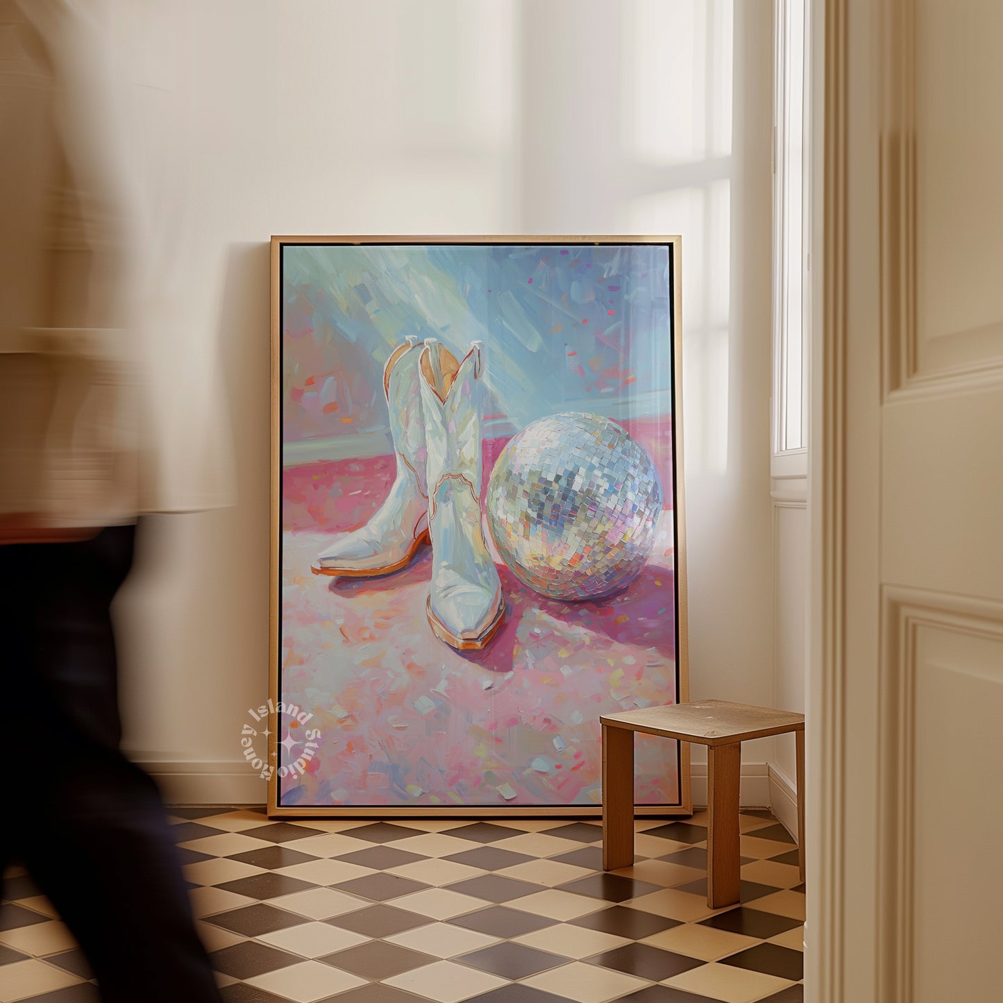 Disco Cowgirl Wall Art, Cowgirl Boot Painting Poster, Western print, Trendy Pastels