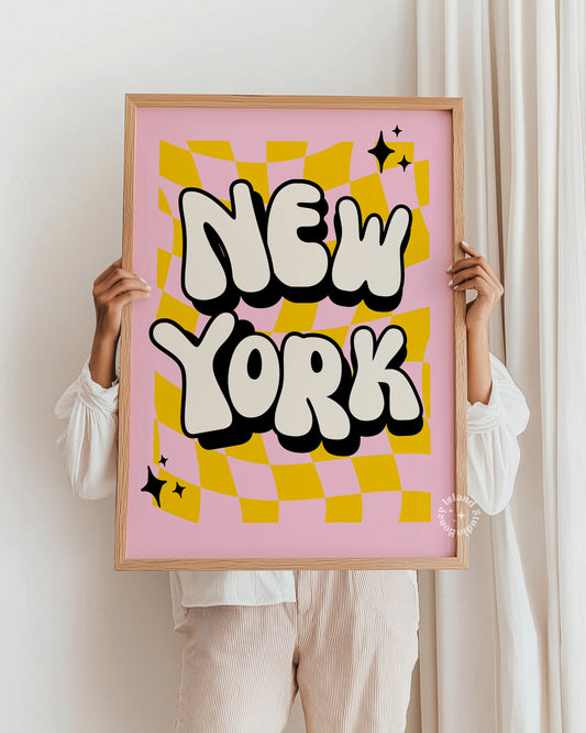 New York State Print – Funky Groovy Wall Decor for Retro Dorm Vibes New York Funky Print - Pink