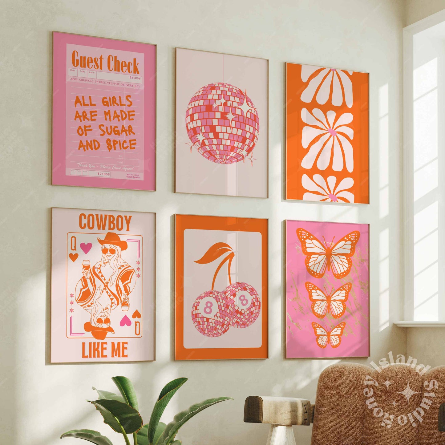 Set of 6 Disco Pink Orange Preppy Wall Gallery Prints - Digital