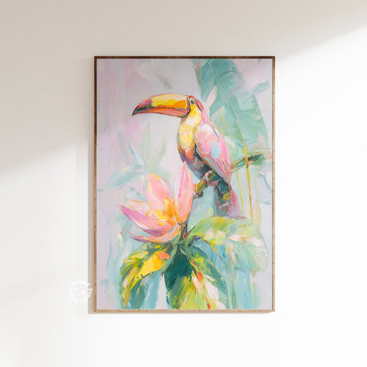 Framed artwork of a toucan and tropical flowers on a white wall