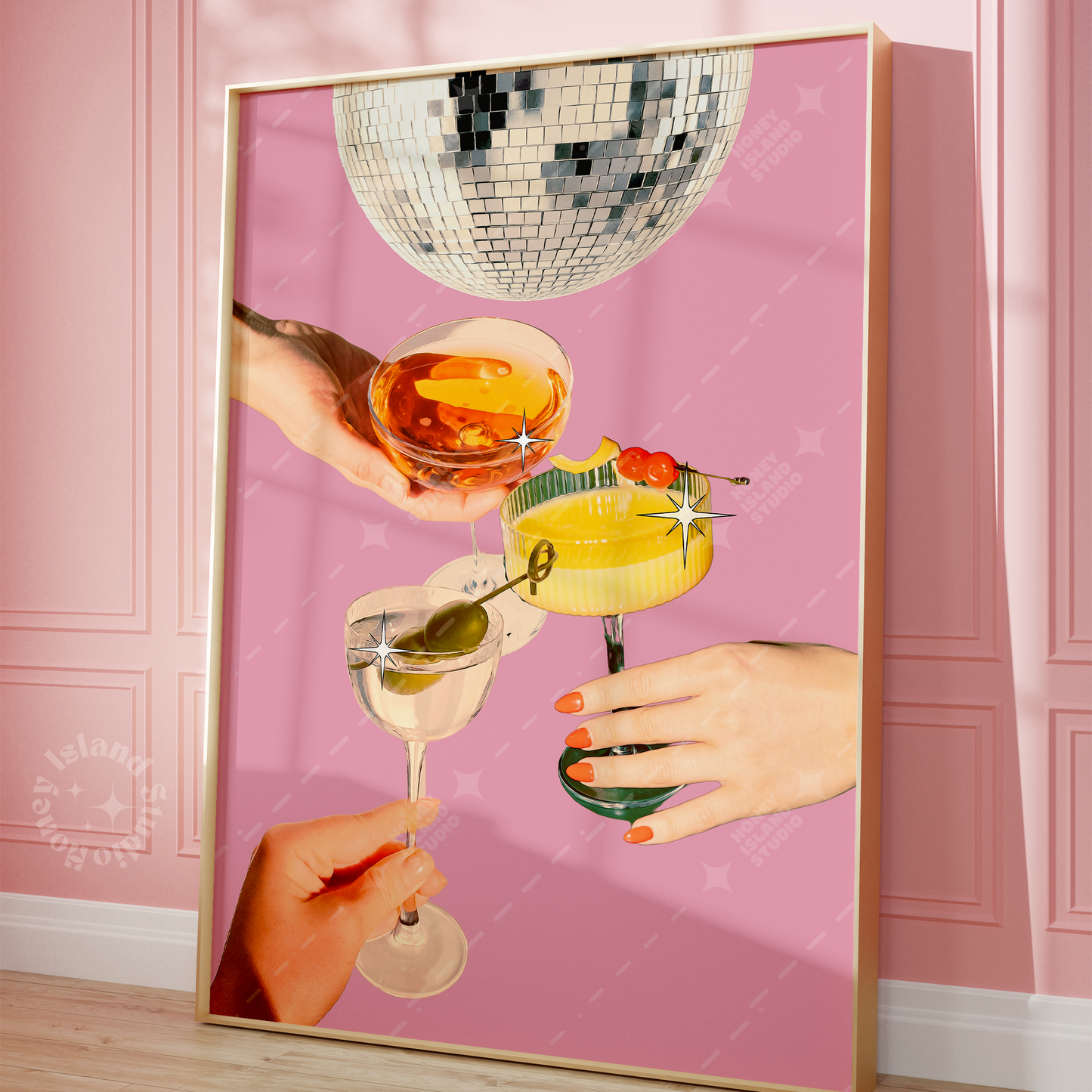 Retro Cheers bar cart decor pink disco ball
