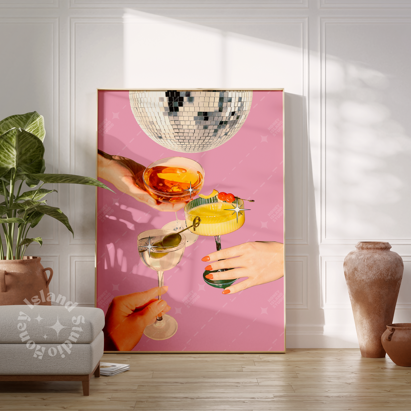Retro Cheers bar cart decor pink disco ball