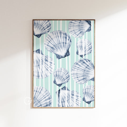 Seashell Wall Art Coastal Beach Print – Blue Nautical Shell Artwork for Bathroom or Living Room – Ocean Inspired Home Decor Poster