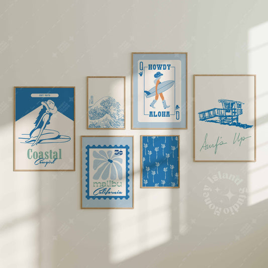 Set of 6 Coastal Cowgirl Blue Wall Art - Digital