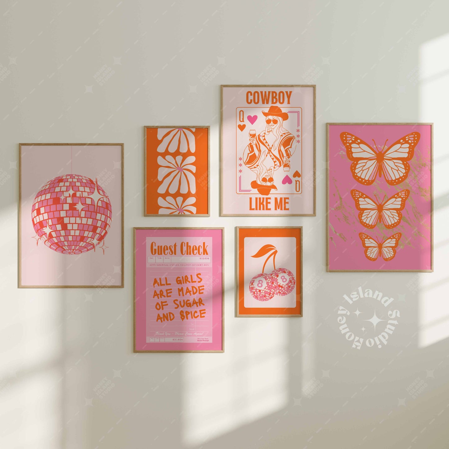 Set of 6 Disco Pink Orange Preppy Wall Gallery Prints - Digital