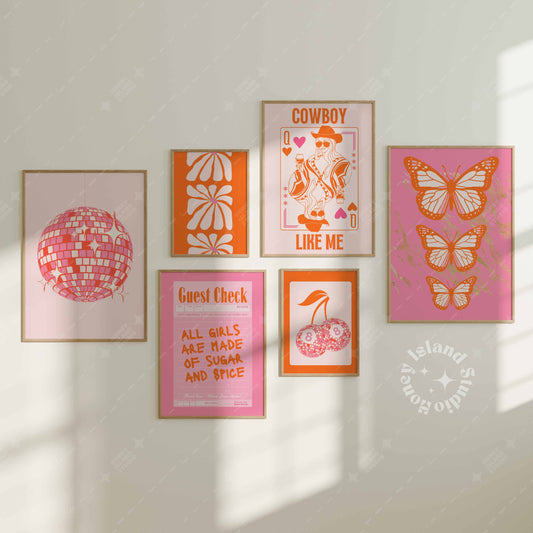 Set of 6 Disco Pink Orange Preppy Wall Gallery Prints - Digital
