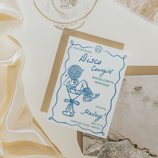 Disco Cowgirl Beach Western Bachelorette Editable Invite 