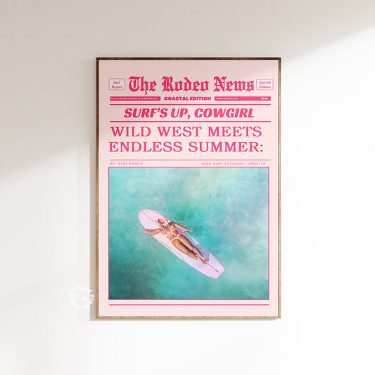 Coastal Cowgirl Wall Art – Pink Retro Newspaper Print with Surf Up Rodeo Vibes